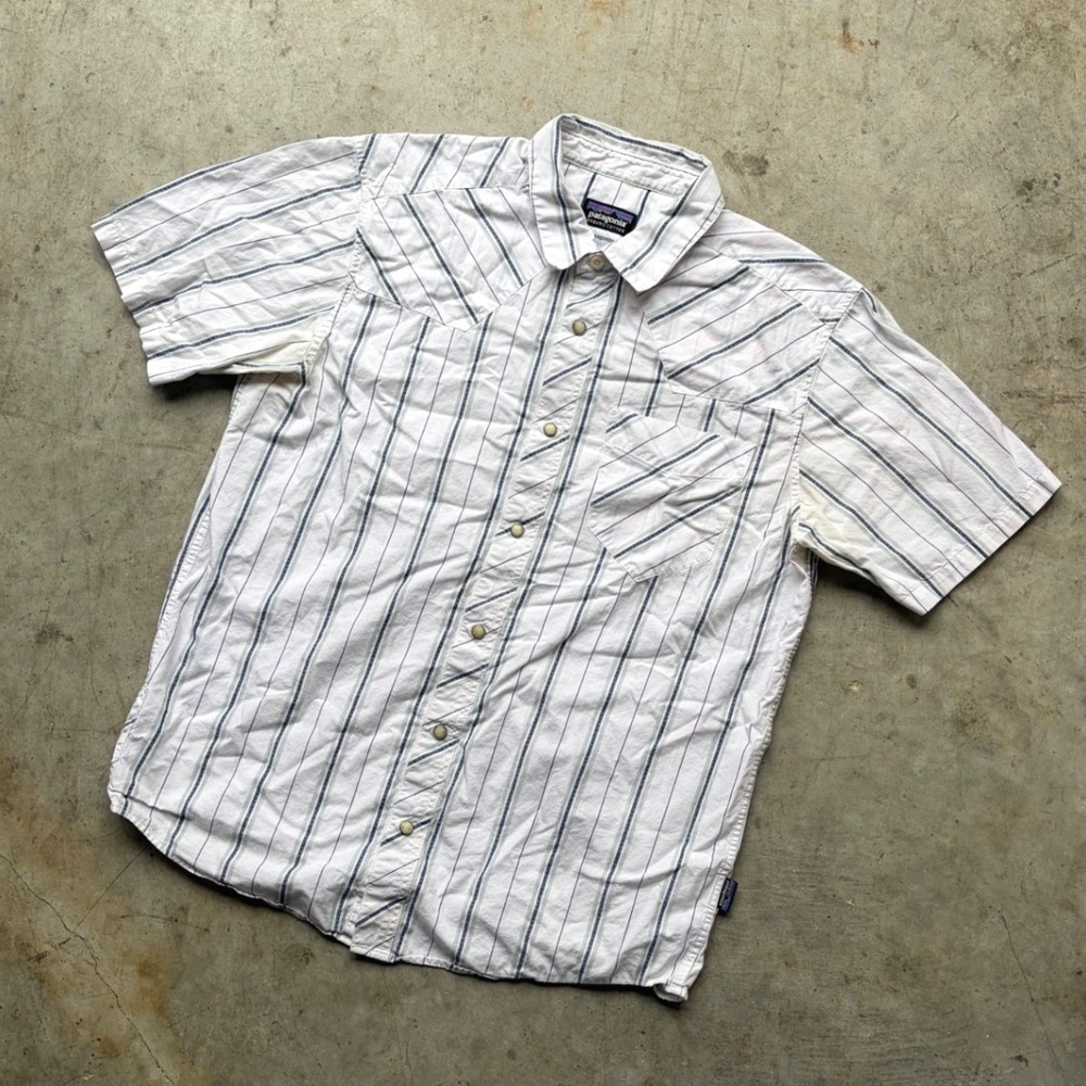 Patagonia Mens Organic Cotton Western Pearl Snap Button Shirt White Striped M